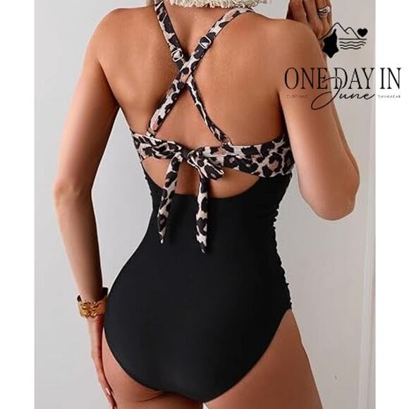 Eomenie Cross Front Cut Out Tie Back One Piece Swimsuit Size XL - Picture 2 of 7